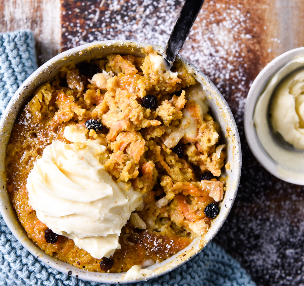 Healthy Carrot Cake Mug Cake with Instant Cream Cheese Icing